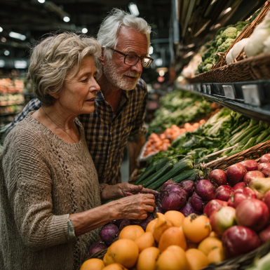 Здорова літня пара готує свіжі продукти на кухні