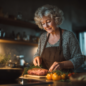 Активна літня жінка з свіжими овочами та фруктами